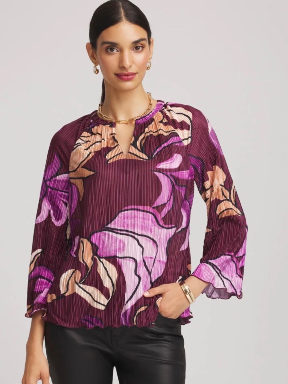 Chico’s Floral Pleated V Neck Blouse Peasant Fall Winter Work Office Large